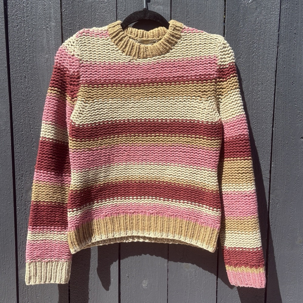 VTG Y2k J Crew Wool Blend Crewneck Sweater S Chunky Knit Fisherman Stripe 2000s